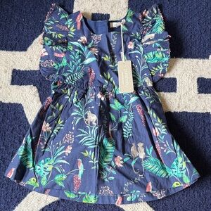 Pure baby Tropical Print Navy Dress with Ruffle Sleeves